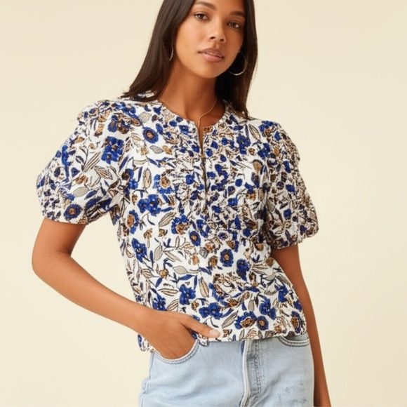 Shoshanna Odelia Floral Blouse Short Puff Sleeve Designer Womens Sz XS MSRP $320 - Picture 14 of 14